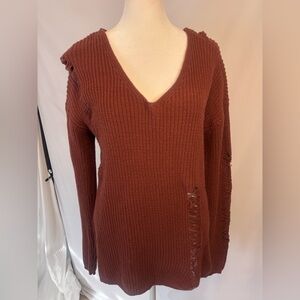 No Comment Women's V-Neck Distressed Sweater - Brownish-Rust